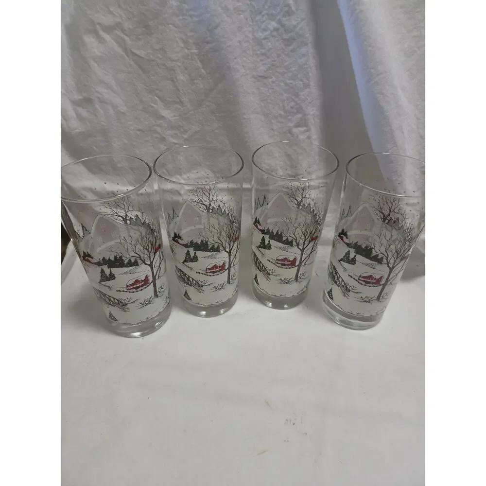 4 Vintage Libbey Christmas Winter Scene Horse Sleigh 16 oz. Glasses